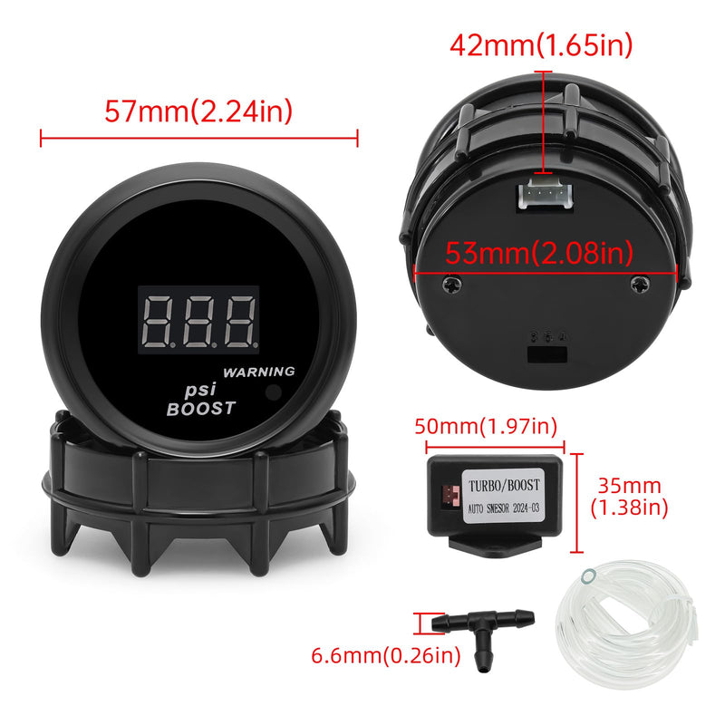 ARTILAURA 2" 52mm Boost Gauge 30 PSI Digital Blue Turbo Boost Sensor Kit with Hose & T-Fitting for 12V Universal Car Auto