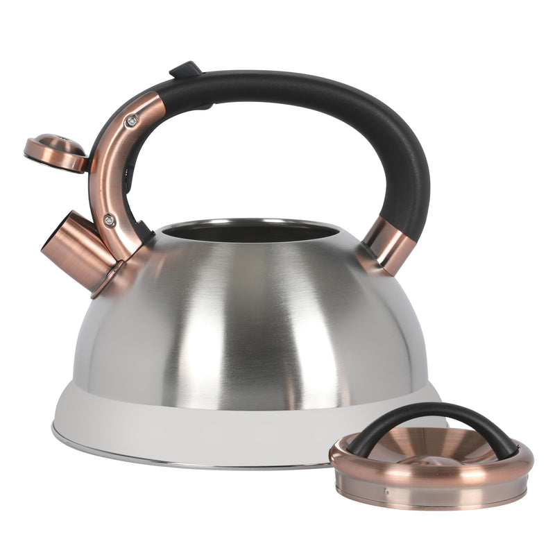 Mr. Coffee Flintshire 2.2 Quart Large Whistling Stainless Steel Tea Kettle - Brush Stainless Steel W/Copper Brushed Stainless w/ Copper 2.2 Quarts