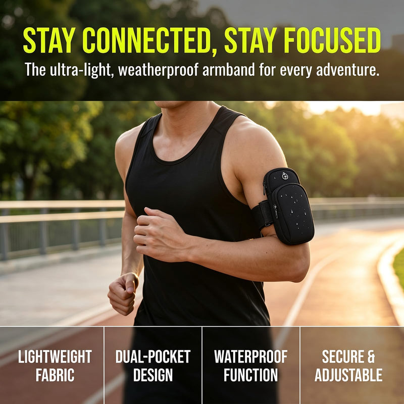 Running Armband with Earphone Bag, Armband Suitable for Most Phones, Water Resistant 2 Pockets (Black) Black