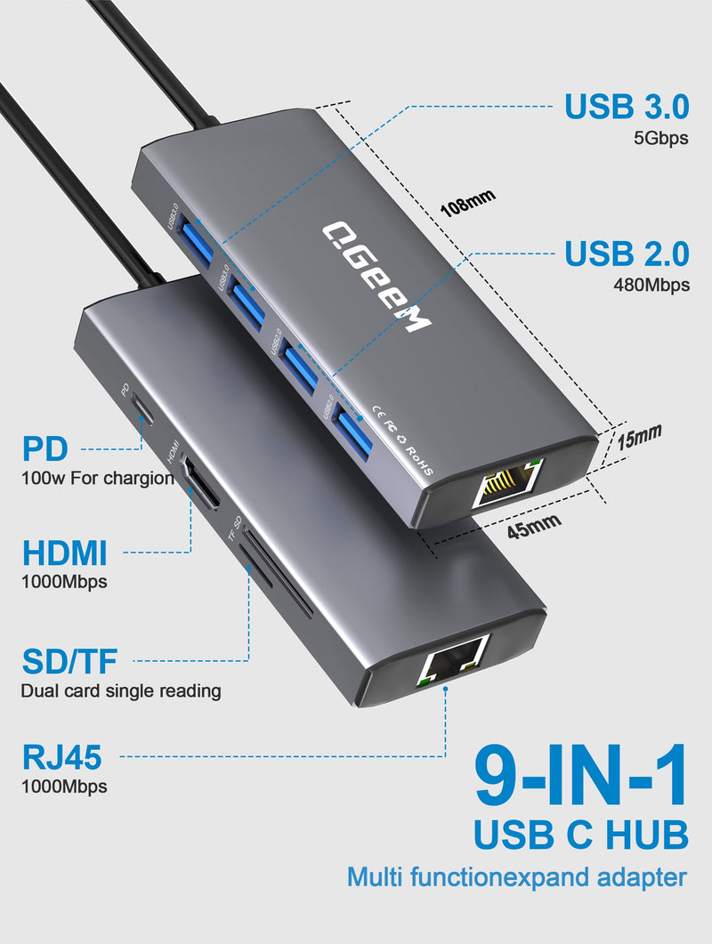 QGeeM Laptop Docking Station with HDMI 4K, 9 in 1 USB C Hub, 1000Mbps LAN, 100W PD, USB 3.0/2.0, SD/TF Card Reader, USB C Dock Compatible with iPhone 15/Mac/Dell/HP/Surface/Steam Deck grey