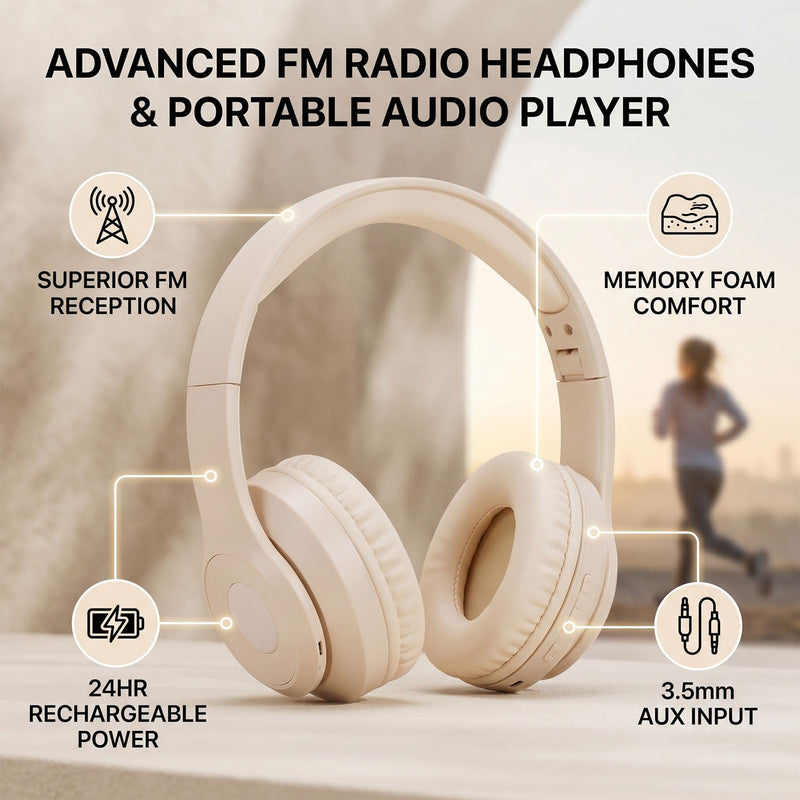Tangxi Portable Personal FM Radio Headphones with Best Reception, Rechargeable & Foldable, FM Radio Ear Muffs Wireless Headset for Jogging, Mowing, Cycling, Meeting (Creamy White)