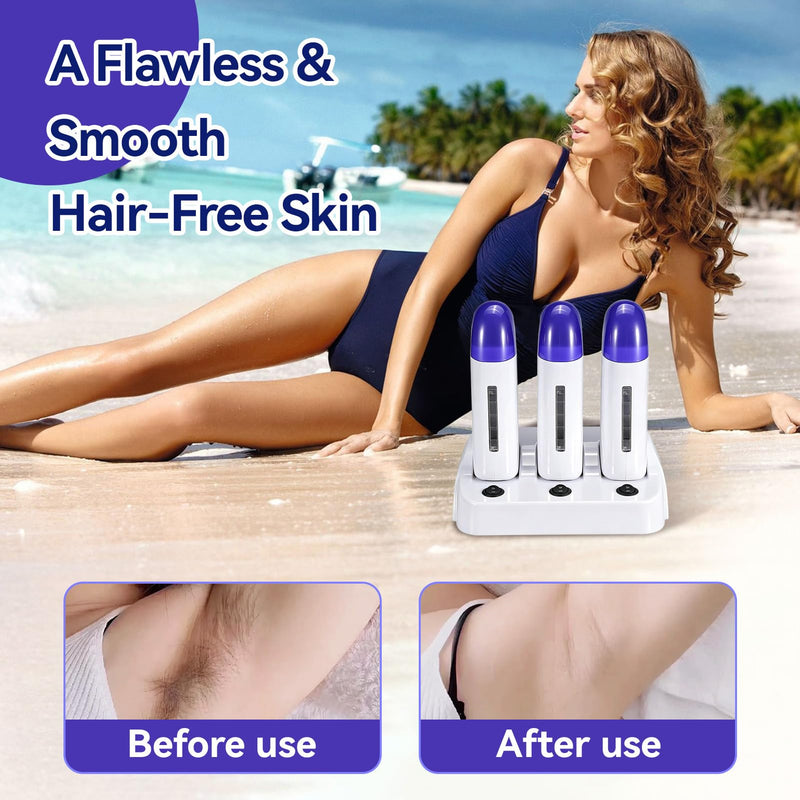 Electric Roll On Wax Warm Machine, Body Waxing Coarse Hair Removal Cartridge Melting Waxing Machine Wax Roller Wax Heater with Base for Home and Salon (3 seats) 3 seats