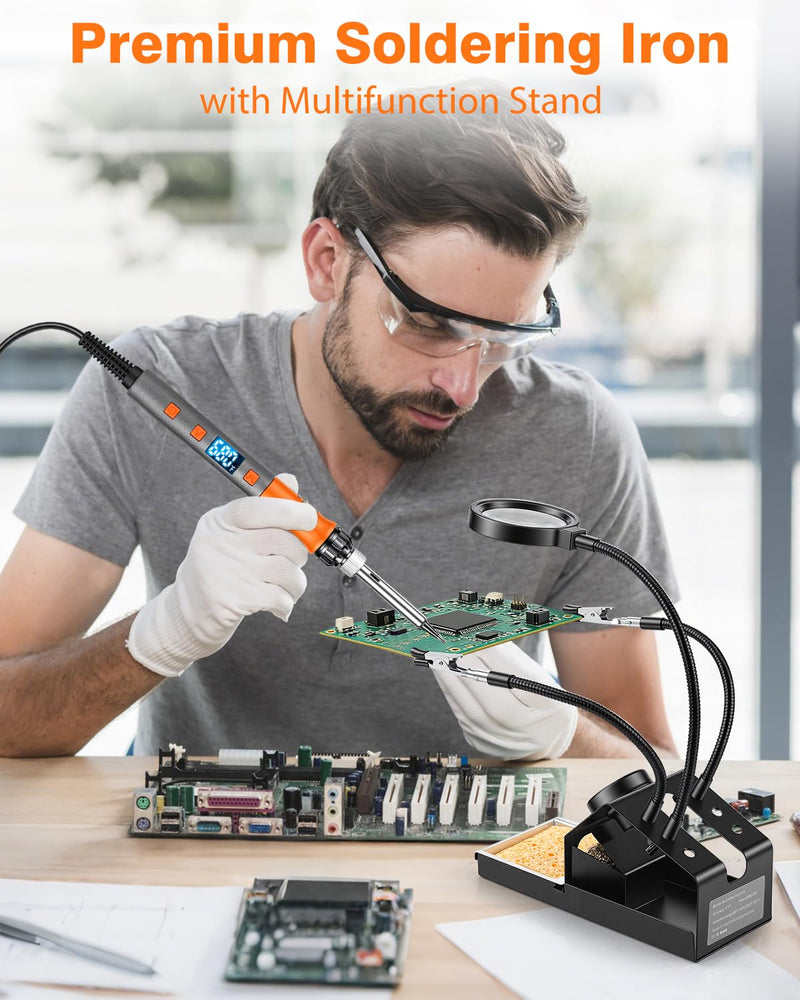 Soldering Iron Kit, 100W High Power LCD Digital Solder Iron Pen, Fast Heating Soldering Tool with Magnifying Glass and Helping Hands, Iron Tips, Solder Wire, Tweezer, Automatic Sleep Mode Orange