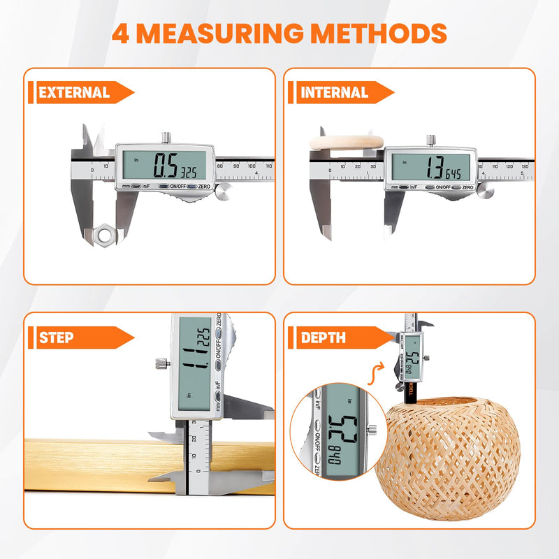 HARDELL Digital Caliper, Rechargeable Calipers with Large LCD Screen, Stainless Steel Caliper Measuring Tool, Auto-Off, Inch/MM/Fraction for DIY/Household/3D-printing 6 Inch