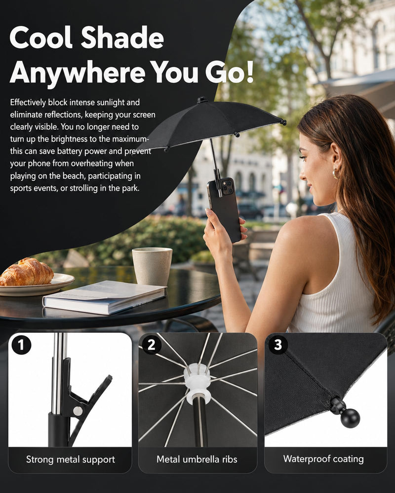 Phone Umbrella for Sun, Clip-On Phone Umbrella Mini Tanning Cellphone Sun Shade Screen UV Protection for iPhone iPad Laptop Kindle Outdoor Travel Beach Pool Gifts Accessories Vacation Essentials Black