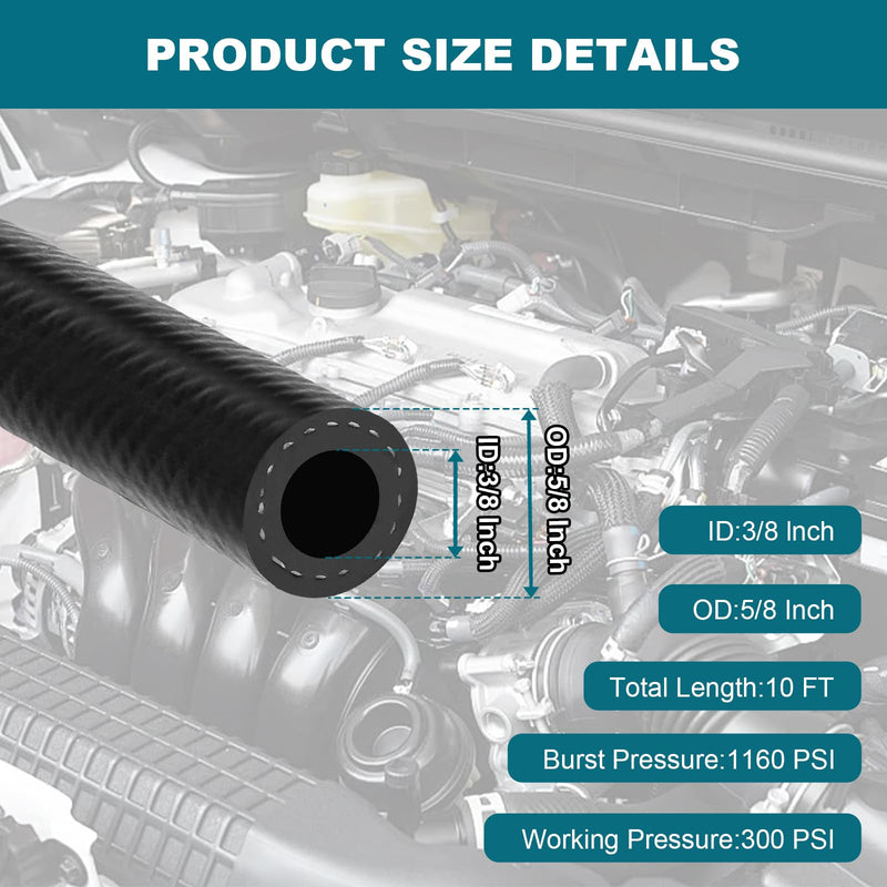 3/8 Inch (10mm) ID Fuel Line Hose, 10 FT 300PSI Push Lock NBR Rubber Hose for Automotive 3/8" ID 10FT