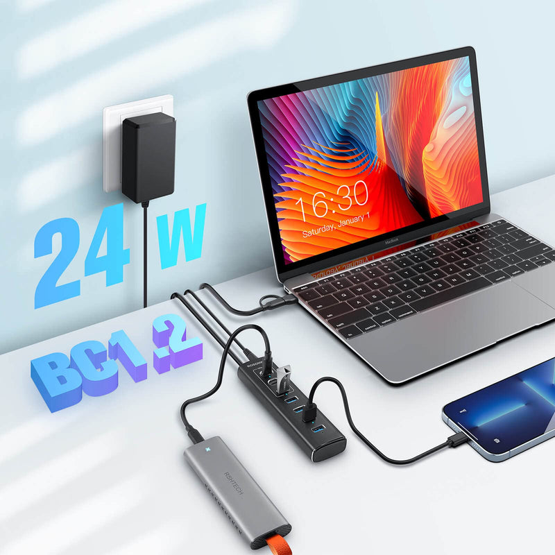 Powered USB Hub, Rosonway 7-Port USB 3.2/USB C Hub with 10Gbps USB-A 3.2, 2 USB-C 3.2, 4 USB 3.0 Ports, Individual Switches and 12V Power Adapter, Aluminum USB Port Expander for Laptop/PC, RSH-A107C