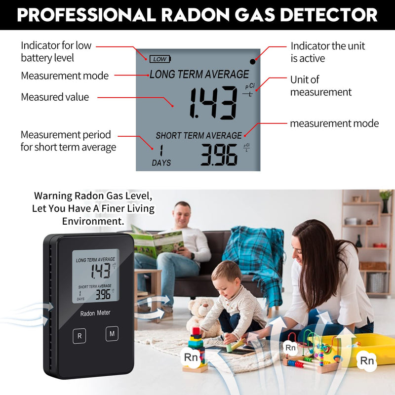 Home Radon Detector, Portable Radon Tester, Long and Short Term Monitor, Powered by Rechargeable Battery, Monitor Your Home Radon Level, Prevent Radon Exceed