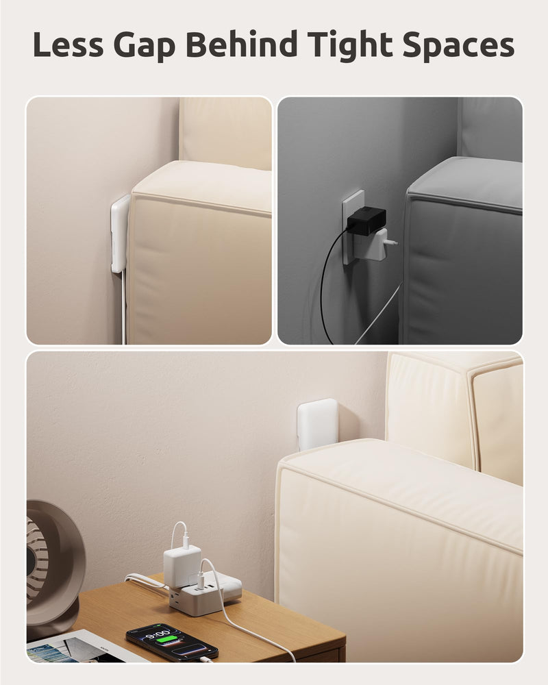 3FT Short Extension Cord with Outlet Cover, 3 Outlets and 4 USB Ports | Flat Plug Power Strip, Outlet Concealer, Small, Wall Mountable, Flat Face Outlet Extender Hidden Behind Couch, Bed, White 3FT