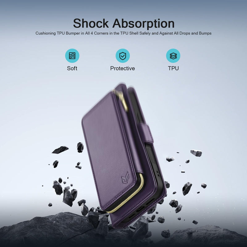 DJBEAR for Samsung Galaxy S23 Ultra Wallet Case for Men & Women, All-in-One Flip Folio Cover with 9 Card Slots, Zipper Pocket, Detachable Wrist Strap, Full Body Protection for S23 Ultra Dark Purple