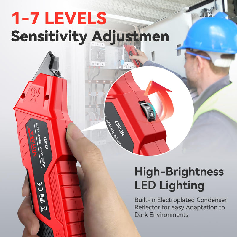 NF-827S Circuit Breaker Locator, GFCI Outlet Tester, Circuit Breaker Finder Tool, 90-120V AC Digital Circuit Finder with NCV Testing and Flashlight, Includes Carrying Case and Adapters