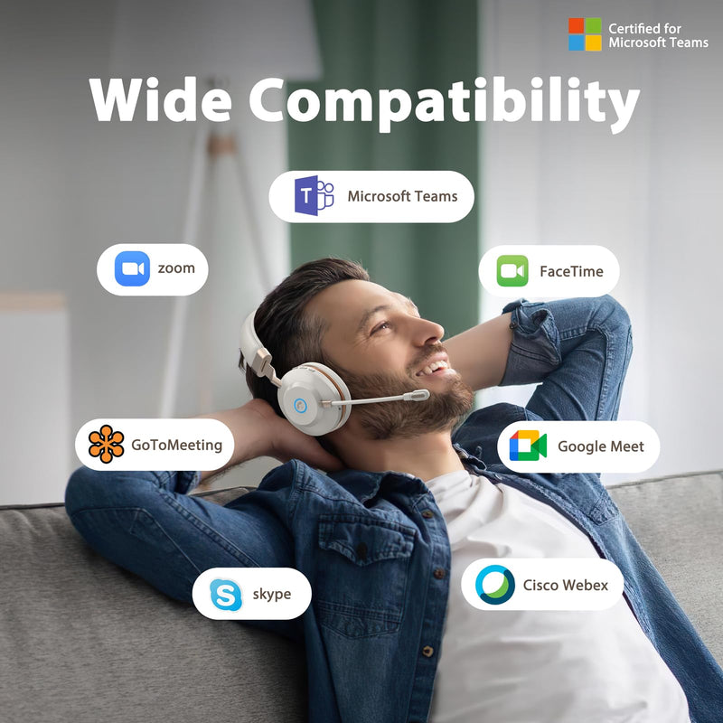 Wireless Headset with Mic for Work, Bluetooth Headset with Noise Cancelling Microphone, On Ear Wireless Headphones with USB Dongle & Mute Function for Work from Home Computer Office Teams Call Center White Gold