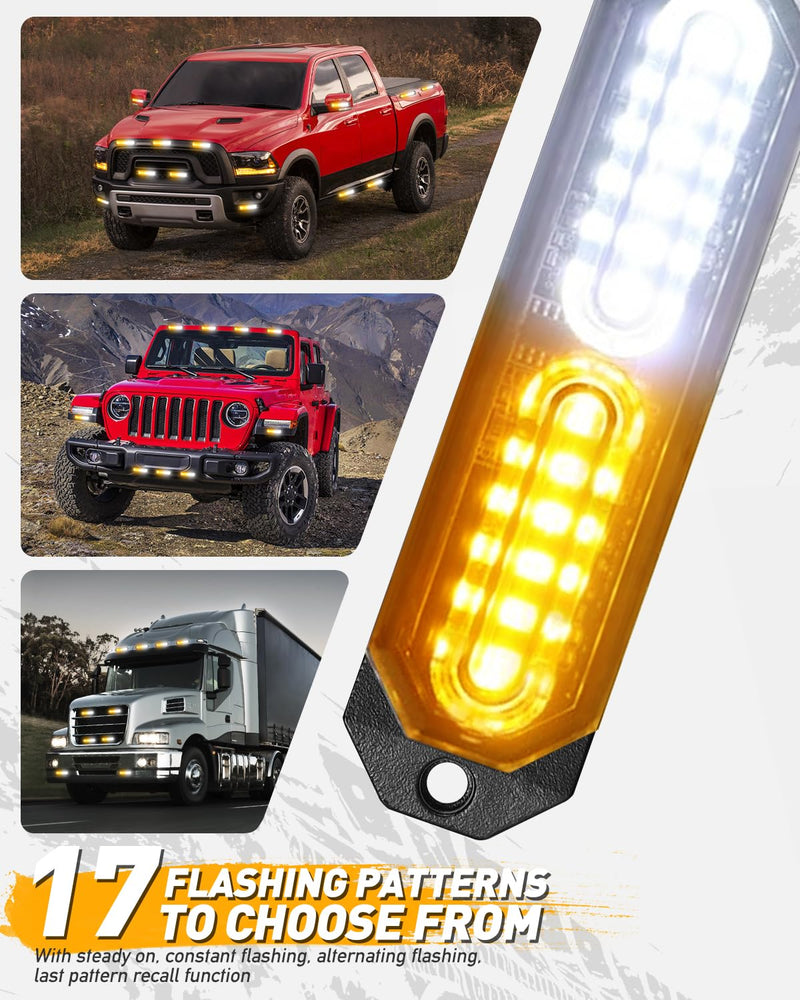 HLauto 1200T Emergency Strobe Grille Lights: 8pcs 12 LED Sync Feature Safety Warning Flashing Lights, Ultra Slim Surface Mount Hazard Caution Light for Trucks, Vehicles, Car, ATV, UTV (Amber White) Amber/White