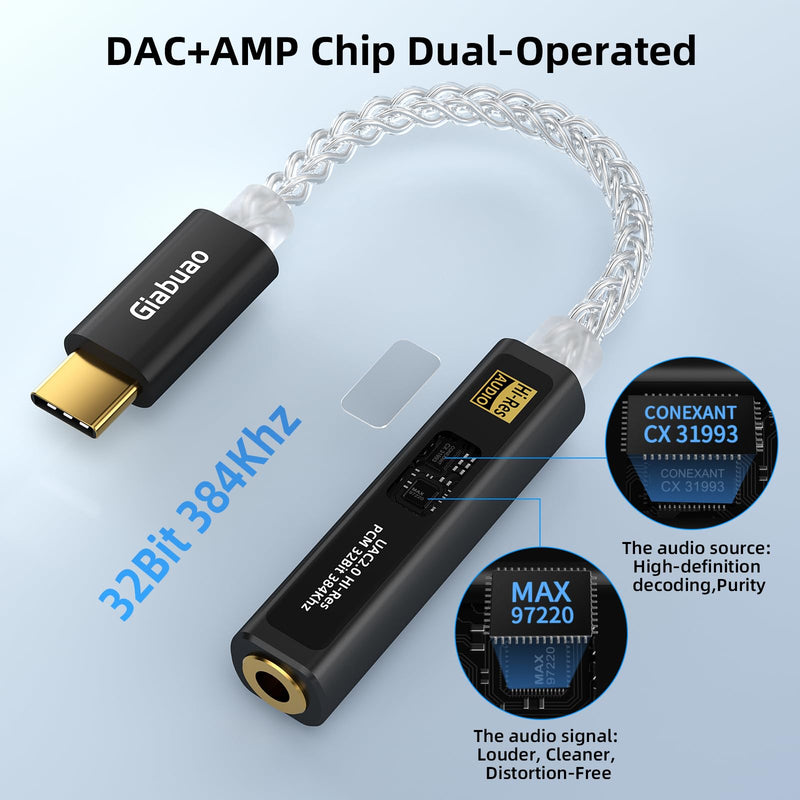 USB C to 3.5mm Audio Adapter with CX31993+MAX97220 DAC Amplifier | DAC Dongle Headphone Amp 8-Strand 4N Silver Plated Cable for iPhone /Android/Samsung/Mac/IEMs Earphones,HiFi 32Bit/384kHz Black