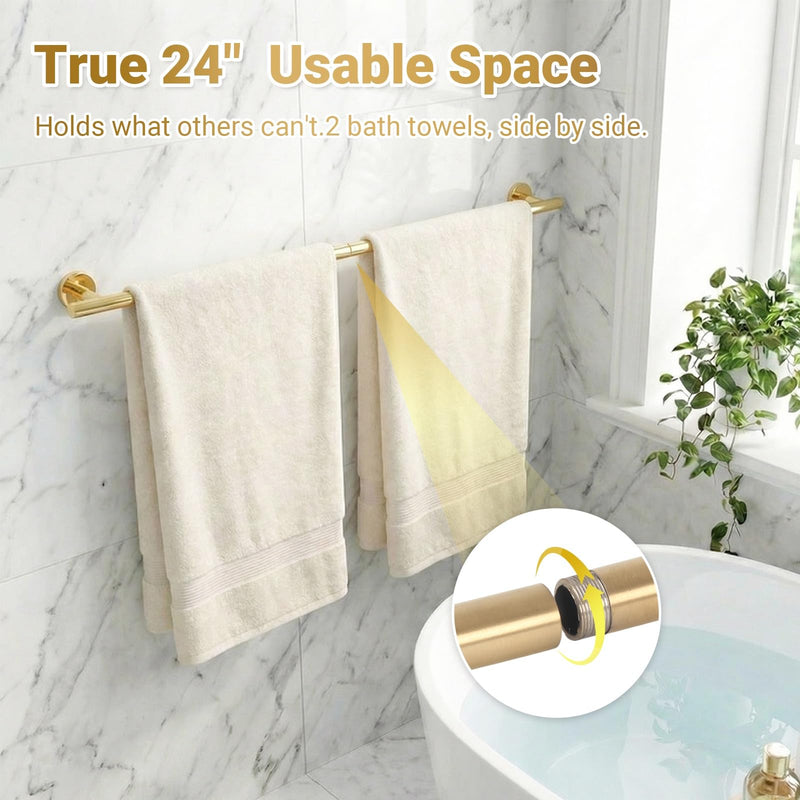 5-Piece Brushed Gold Bathroom Hardware Set, SUS304 Stainless Steel Wall Mounted Bathroom Accessories, 24 Inch Towel Bar, Towel Ring, Toilet Paper Holder, 2 Hooks, Rustproof Modern Bathroom Fixtures