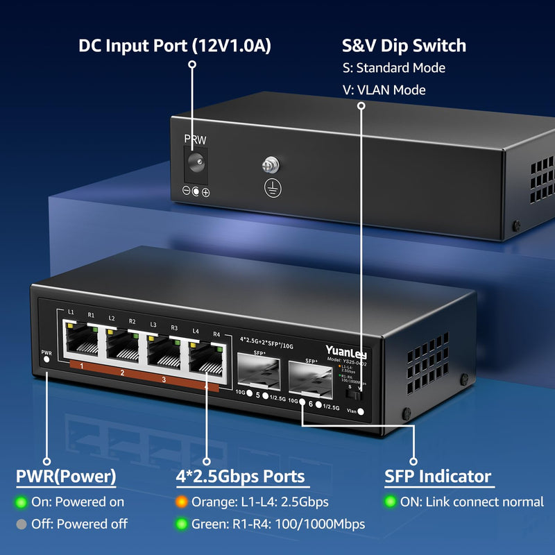 6 Port 2.5G Unmanaged Ethernet Switch, 4 x 2.5G Base-T Ports, 2 x 10G SFP, Compatible with 100/1000/2500Mbps, VLAN, Fanless, Desktop/Wall Mount YuanLey 2.5Gbe Network Switch for Wireless AP, NAS, PC 6 Port | 4x2.5G +2x10G SFP