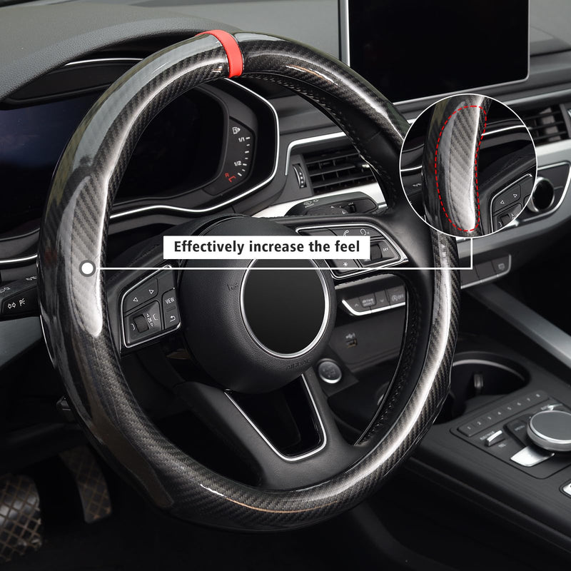 ZHOL 16 inch Steering Wheel Cover Carbon Fiber, Compatible Large-Size for F150 F250 F350 Ram 4Runner Tacoma Tundra Range Rover Model Car Accessories for Women Men Black Large Size[15.5"-16"]