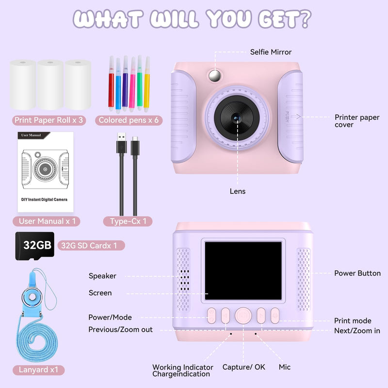 Instant Print Camera for Kids,2.4 Inch Screen Kids Instant Cameras,Christmas Birthday Gifts for Girls Age 3-12, Portable Toddler Toy for 3 4 5 6 7 8 9 10 11Year Old Girls Boys Pink