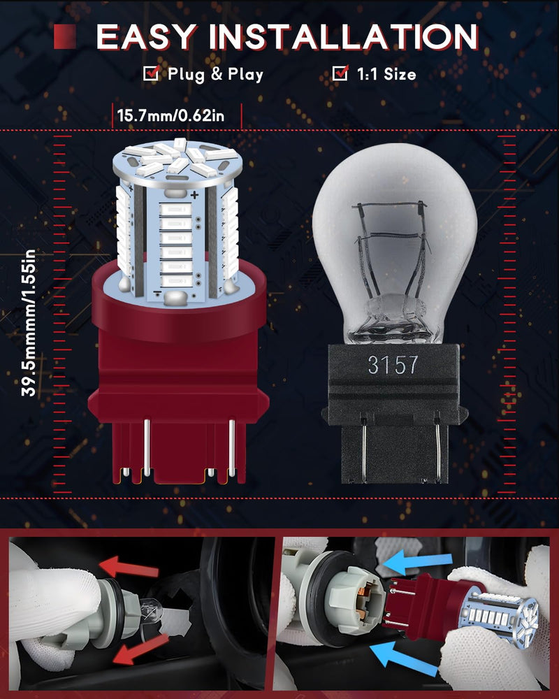 3157 Red LED Bulbs,3056 3057 3156 3157 4157 4014 T25 39SMD 12VAC brake light bulbs, 360 Degree Lighting Angle Non-Polarity Car Bulbs for Tail Brake Lights