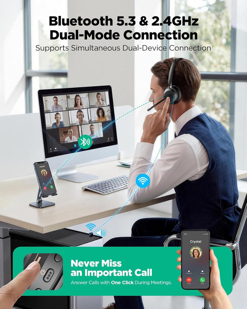 Wireless Headset with Mic for Work,Bluetooth Headset for Calls & Meetings | Headset with Microphone for PC, Bluetooth 5.3 & 2.4G Dongle Headphones with Mic for Office/Call Center/Home/Computer/Phones Black Golden