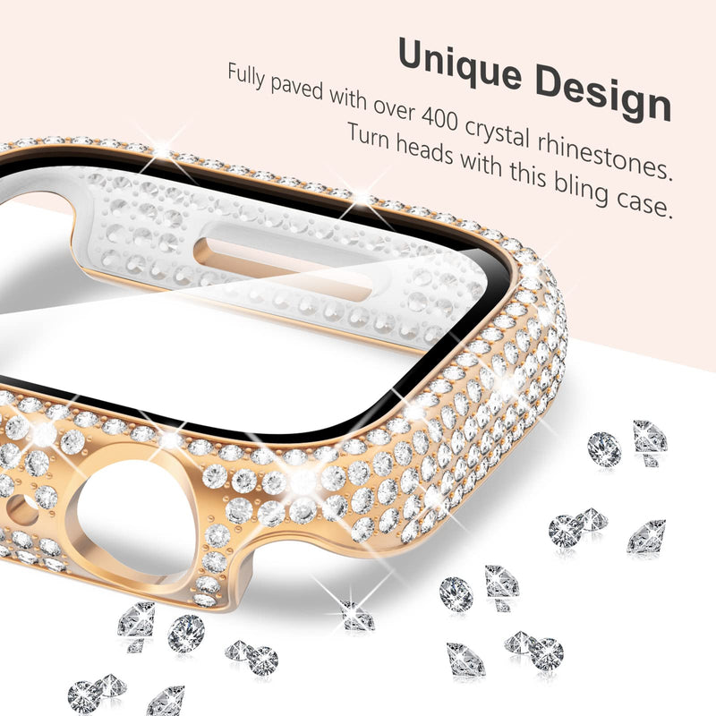 KADES Band with Case Compatible for Apple Watch Series 9 8 7 45mm/41mm Series 6 5 4 SE SE2022 44mm/40mm Series 3 2 1 42mm/38mm, Sparkling Bling Diamond Bands with Full Diamonds Case Rose Gold with Black Pearl Shell Only for 40mm