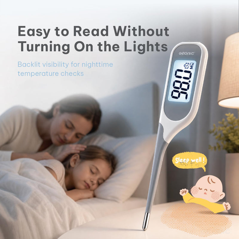 Backlit Digital Thermometer for Adults & Kids, Fast 10-Second Reading, Flexible Tip, Large 1.4 Inch Display, Waterproof, Fever Alarm, White