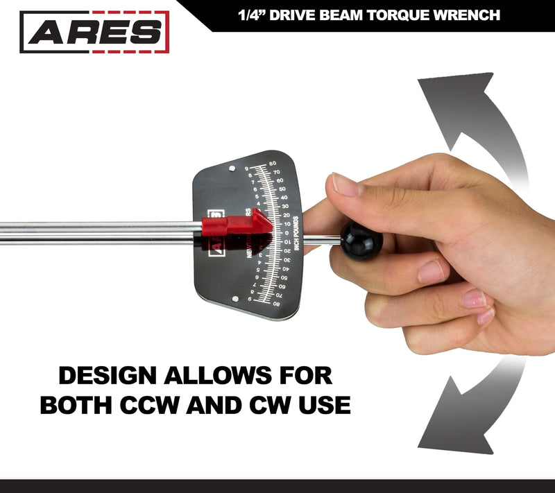 ARES 70213-1/4-inch Drive Beam Torque Wrench - 0-80 Inch/Pounds and 0-9 Newton/Meter Torque Wrench - High Visibility Markings for Easy Readings 1/4" Drive Beam Torque Wrench