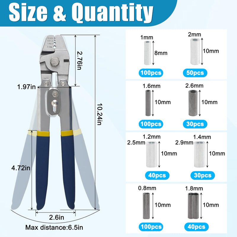 Fishing Crimping Tool Kit Stainless Steel Crimp Pliers Wire Rope Crimping Tool + 590pcs Crimp Sleeves Beads Kit,8 Crimping Sizes