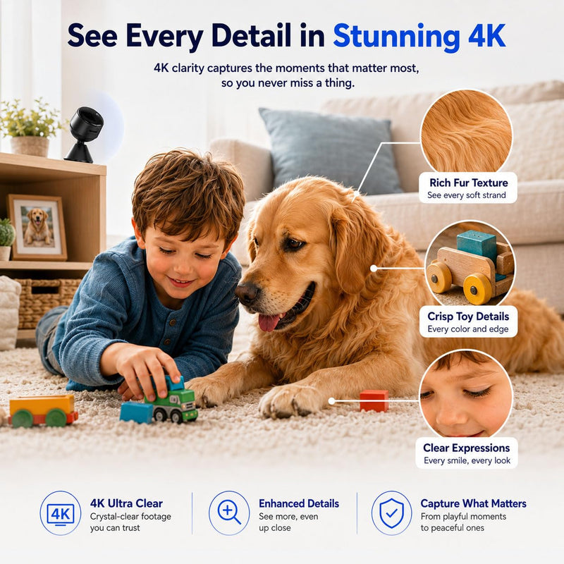 4K Mini Indoor Security Camera Wirless Nanny Cam with 60-Days Battery Life | Auto Night Vision, Motion Detection & Alerts, Local Storage, Live Remote Viewing for Pet, Baby, Nanny and Home Security