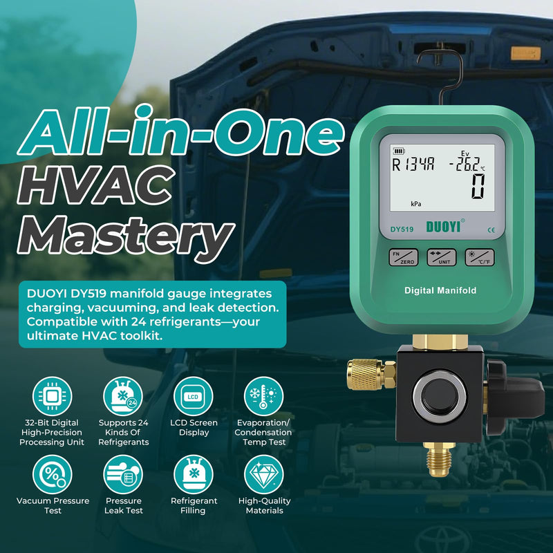 DUOYI DY519 3-in-1 HVAC Digital Manifold Vacuum Gauge Refrigerant Charging, Vacuum Testing & Leak Detection 24 Refrigerant NIST Compatible High Precision Pressure Meter for AC Pros & DIYers