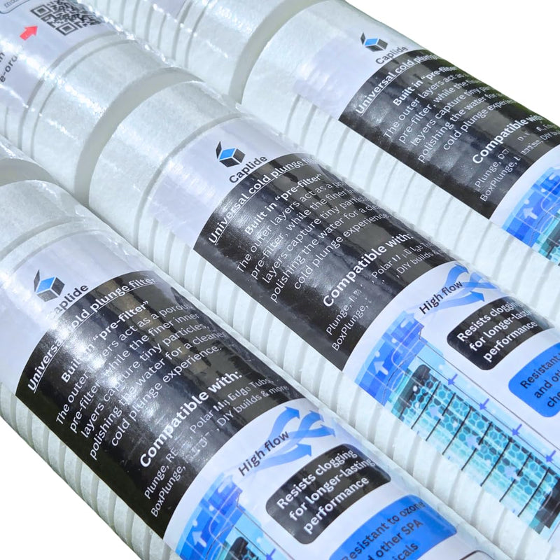 Universal Cold Plunge 30 Micron filter. Designed to be Non-clogging. Replacement cartridge for any 2.5" x 10" cold plunge canister. 6 months supply. 6-pack