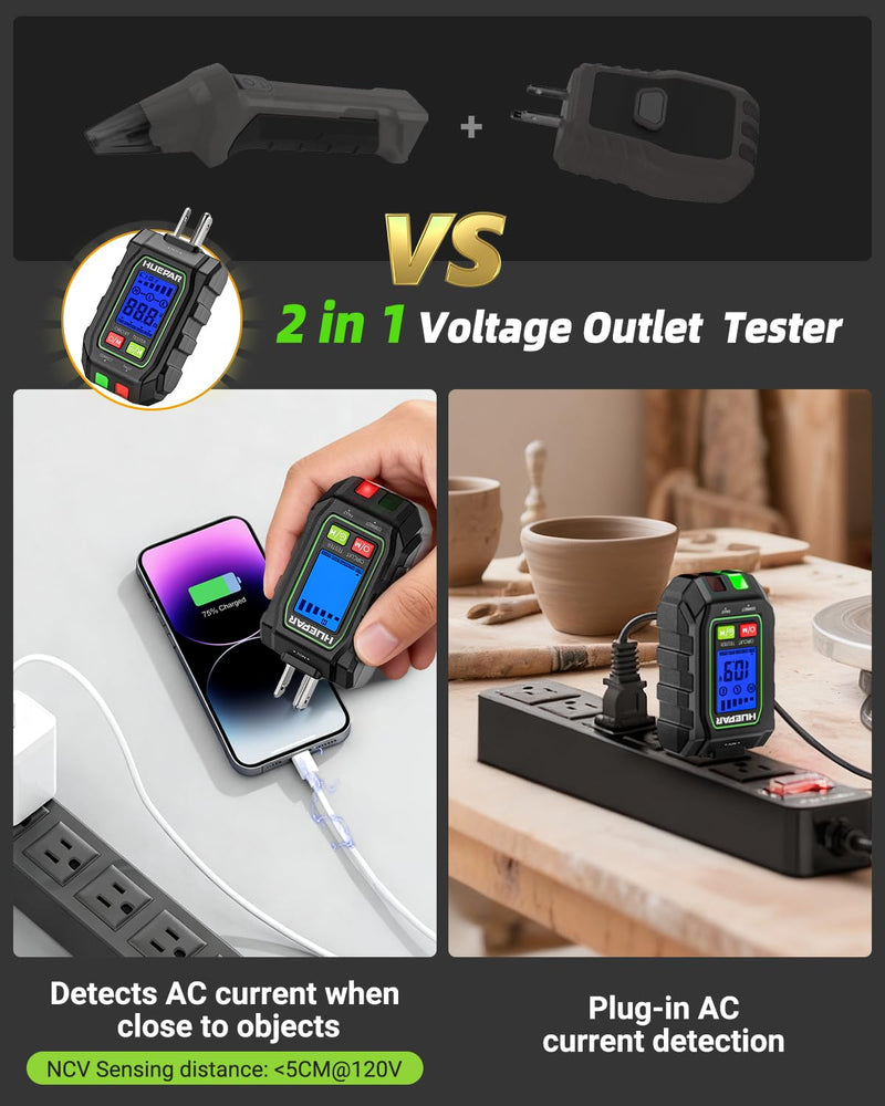 HUEPAR 2-in-1 NCV GFCI Outlet Tester, Electrical Circuit Tracer Voltage Testers with LCD Display for Standard 3-Wire 30-150V AC Electrical Outlet Test- SK3001