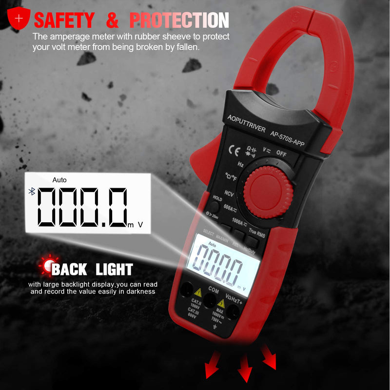 Clamp Meter 6000 Counts Bluetooth Clamp Multimeter 1000A AC/DC Current TRMS Clamp-on Ammeter Auto-ranging Measure Volt Amp Ohm Continuity Diode NCV-AP-570S-APP