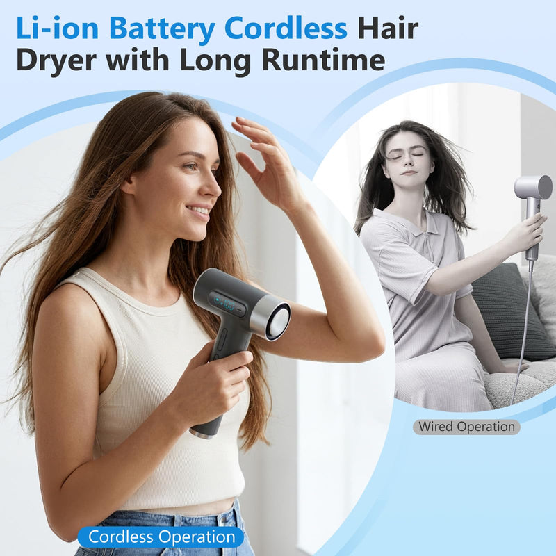 Hair Dryer Cordless, 300W Fast Drying Blow Dryer with Digital Screen, 27000mAh Rechargeable Portable Travel Hairdryer, 100000RPM, 100 Speeds, USB Charging, Hot & Cold Wind for Travel,Camping (Grey) Grey