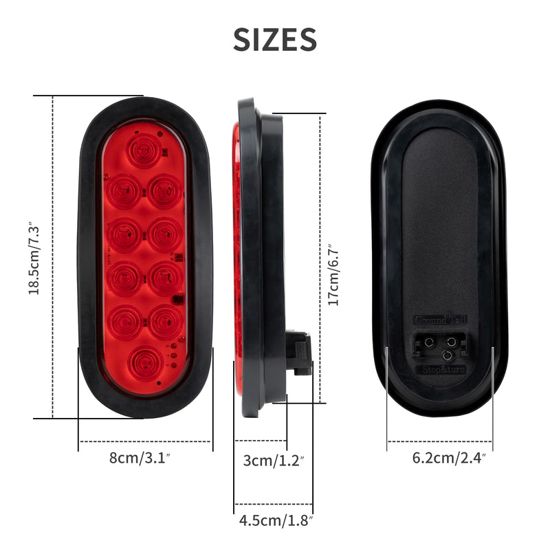 2PCS 6 Inch Oval Red LED Trailer Tail Lights, 10 LEDs Stop/Turn/Brake Lights with Surface Mount Grommets, DOT Certified IP67 Waterproof for Truck RV Boat Trailer Bus