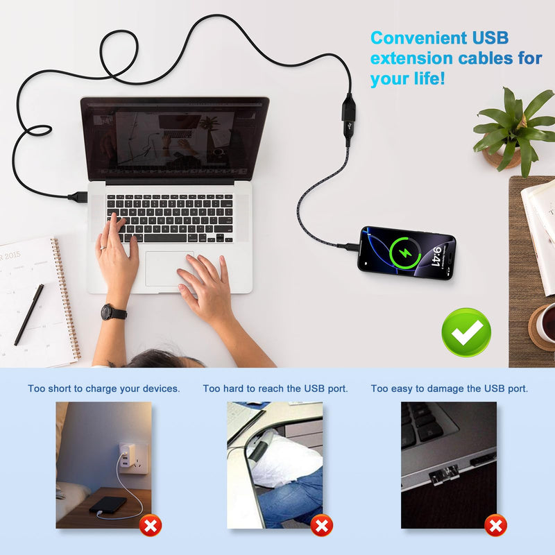 USB Extension Cable 6FT 2Pack,USB Extender,USB A Male to USB A Female Cord | USB 3.0 Extension Cable High Data Transfer for Phone Charging Cable,Webcam,Camera,USB hub,Mouse,Keyboard,Printer,Hard Drive Black