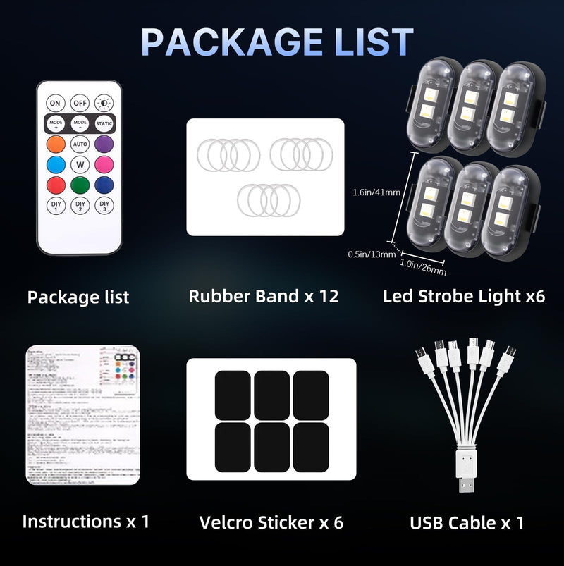 6PCS Wireless LED Lights for Car with Remote Control, High Brightness Wireless LED Strobe Light 8 Colors USB Charge IP65 Waterproof Anti-Collision for Car Motorcycle Aircraft Bike (6) 6
