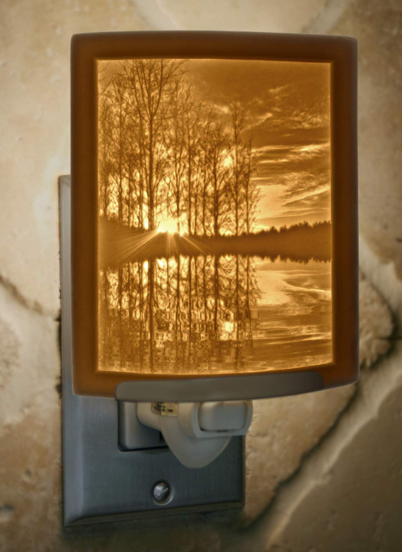 The Porcelain Garden Lake Living Porcelain Lithophane Nightlight :Lakeshore Sunset, Decorative Wall Plug in for Nursery, Bedroom, Kitchen, Bath, Hallway Nature Themed Accent Light