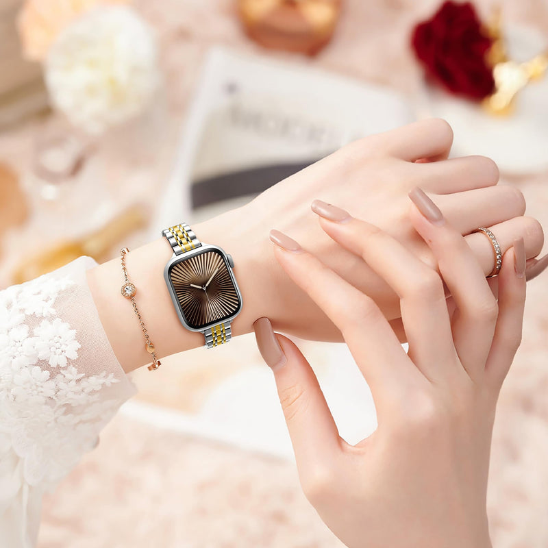 Lerobo Slim Metal Band Compatible with Apple Watch Bands for Women 40mm 41mm 42mm 38mm 44mm 45mm 46mm 49mm,Thin Elegant Stainless Steel Strap for iWatch Series 11 10 9 8 7 6 5 4 3 2 1 SE Ultra Silver Gold 38mm/40mm/41mm/(42mm-series 11 10)