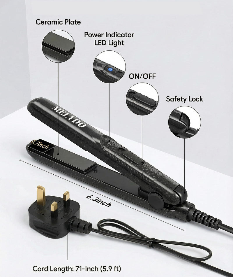Mini Hair Straighteners, Ceramic Mini Straightener for Short Hair/Bangs, Travel Hair Straighteners Dual Voltage, UK Plug(Black) Black