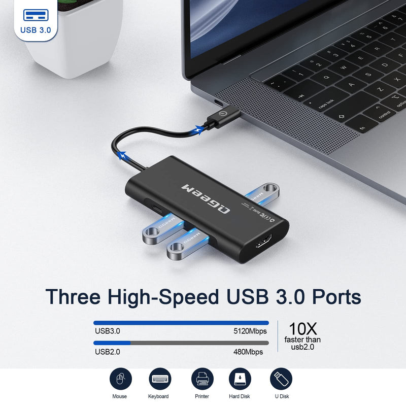 QGeeM USB-C 7-in-1 Dongle with 100W PD, 3x USB 3.0, SD/TF Card Reader, Compatible with MacBook, iPad, Dell XPS & More - Black