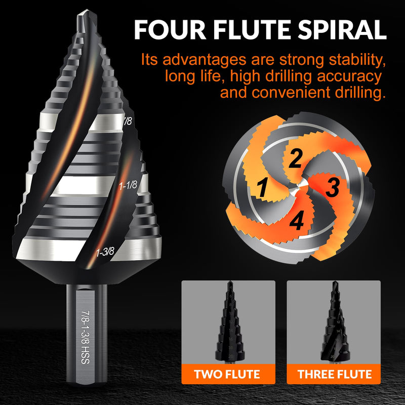 THINKWORK Four Spiral Flute Step Drill Bit Set, 5 Pcs HSS Step Drill Bits (1/8"-1-3/8") Unibit Step Drill Bit, 1/4" and 3/8" Shank Step Bits for Aluminum, Wood, Plastic, Metal 5 Piece