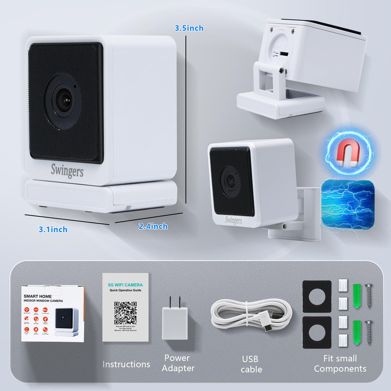 Swingers 3MP 2K Window Camera,2.4GHz & WiFi Indoor Cameras for Home Security with Phone app,Person & Motion Detection,Night Vision,Easy & Quick Install (2 Pack) White 2 PACK