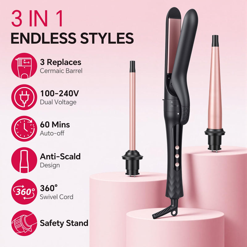3 in 1 Curling Wand Iron Set with Interchangeable Ceramic Barrels | 9-25MM Hair Curler & Straightener on Short to Long Hair, 14 Temps & LCD Display, Dual Voltage for Travel