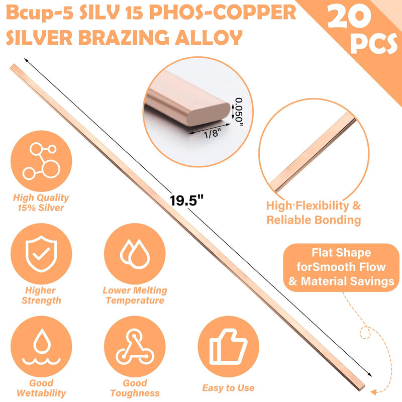 Therwen 20 Sticks Silver Brazing Rods Aws Bcup-5, 15% Silver 0.050" x 1/8" x 19.5" Solder Phos Copper Brazing Alloys Flat Welding Rods Industry for Air Conditioning Refrigerator HVAC Unit