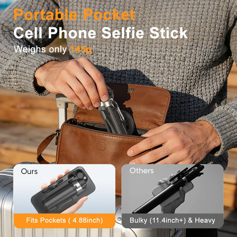 Upgrated 5-in-1 Magnetic Selfie Stick with Remote for Cell Phone 360° Rotation.Can Transforms into Mini Tripod/Camera Grip/Handheld Stabilizer/Phone Stand.Extend to 25 inches Black