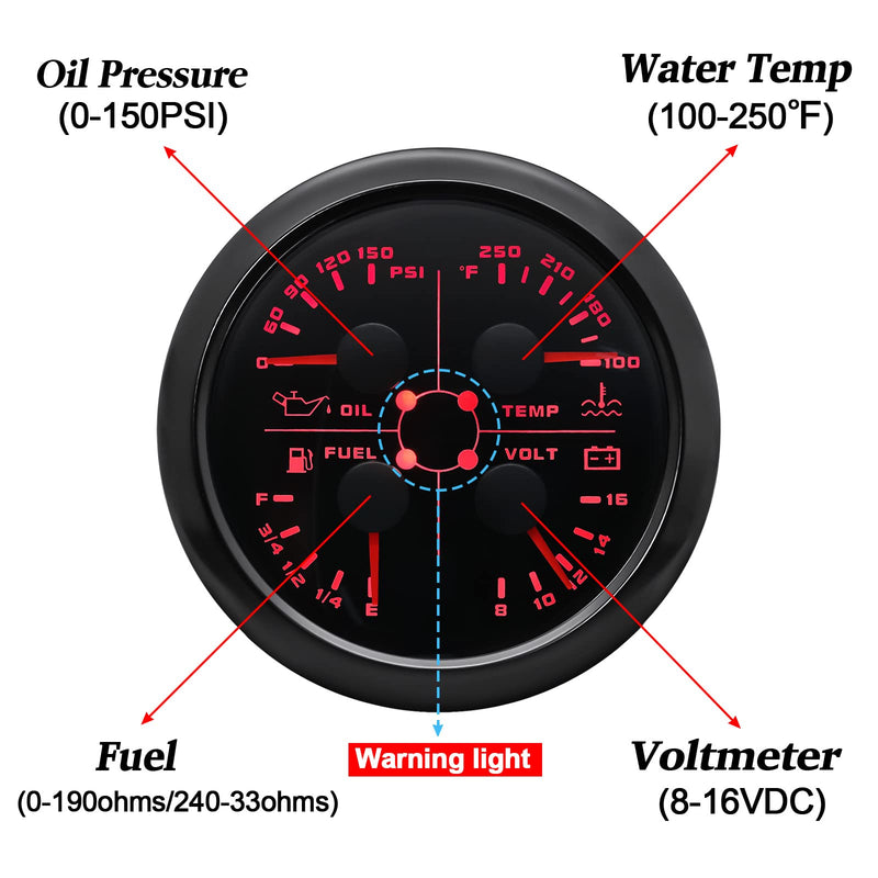ARTILAURA AUTO Gauge 4in1 Multifunction Meter- Oil Pressure/Water Temp/Fuel Level/Voltmeter 85mm 3 3/8" Automotive Boat Gauge for Car Marine(Black) All Black 4in1 Gauge