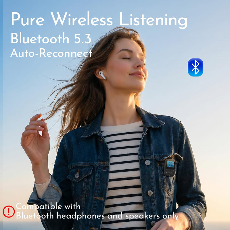 RUIZU 64GB Clip MP3 Player with Bluetooth 5.3 Auto-Reconnect, Weighs 1 oz | Portable Music Player for Sports Running, Physical Button, FM Radio, Voice Recorder, 1.5" Screen, Support 128GB microSD Card Black