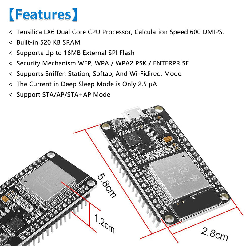 6-Pack ESP-WROOM-32 Development Board, Aideepen ESP32S Esp32 Development Board 2.4GHz Dual-Core Compatible with Arduin0, Nodemcu,and MicroPython (30PIN Micro USB) 6PCS