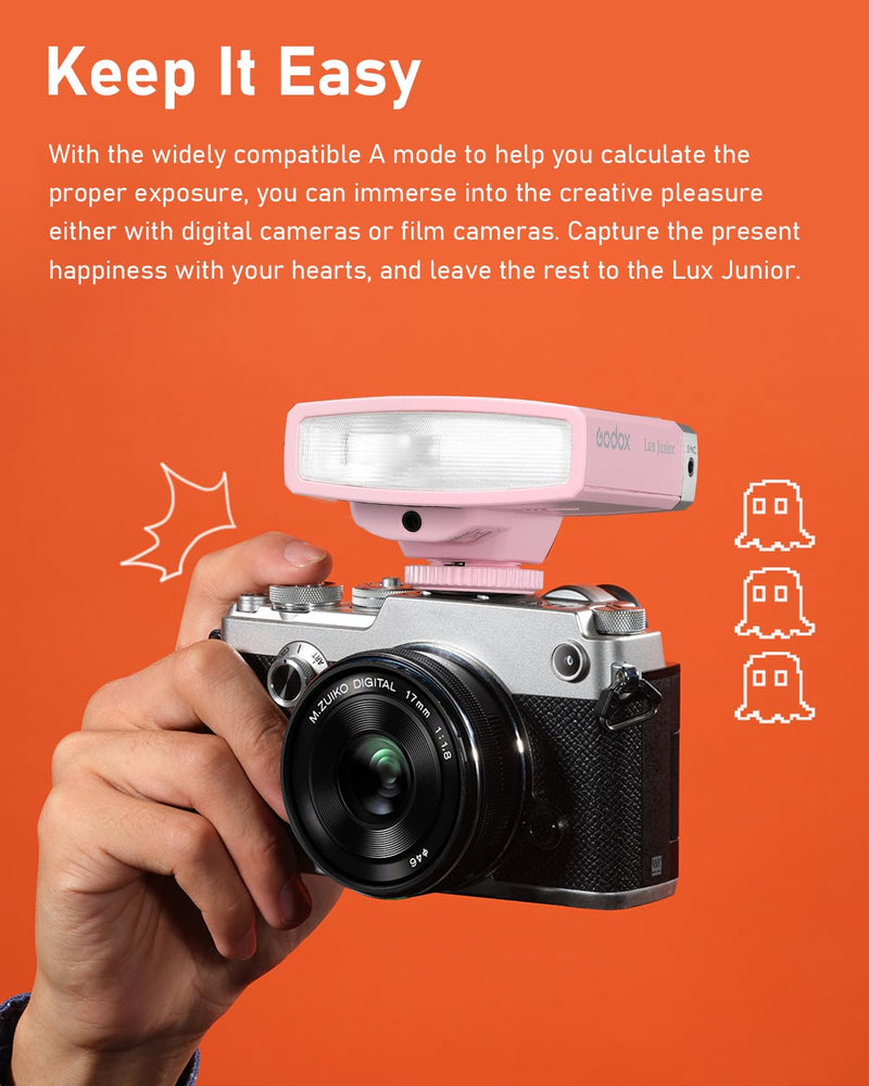 Godox Lux Junior Retro Camera Flash with PC sync Ports (Pink, 4.6oz) | GN12, 1/1-1/64 Flash Power, Auto&Manual Modes, 6000±200K, 28mm Focal Length with Sync Cable for Canon Nikon Sony Fuji Olympus Pink